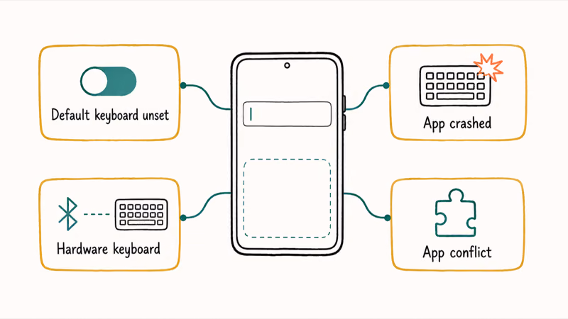 Hand-drawn map of four Android keyboard failure causes branching from a blank phone text field
