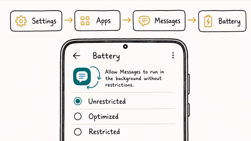 Android settings path setting the Messages app battery usage to Unrestricted for background sync
