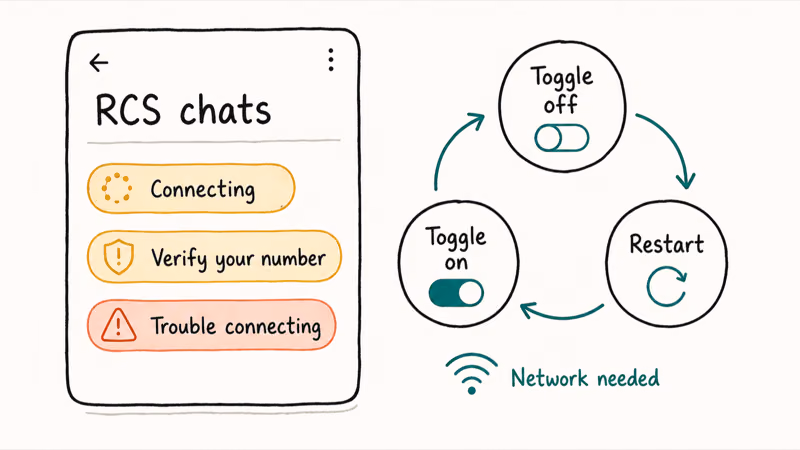 Android RCS chat status panel showing Connecting, Verify your number, and Trouble connecting