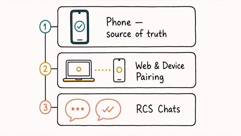 Diagram showing three Android message sync layers: phone, web pairing, and RCS chats