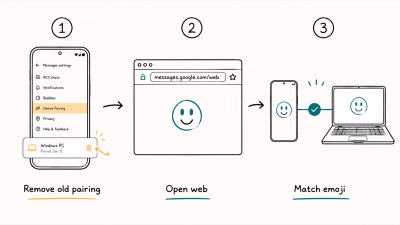 Steps to unpair and re-pair Google Messages for web by matching an emoji
