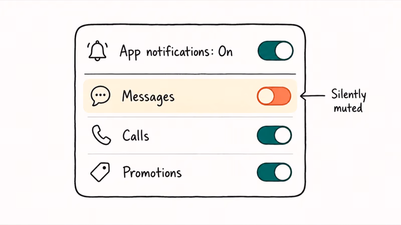 Hand-drawn Android app settings showing master notification toggle on but the messages channel switched off