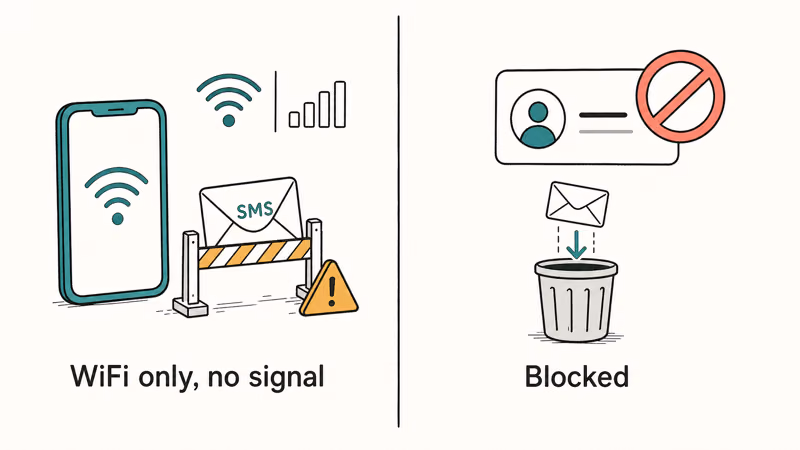 Text messages travel over cellular not WiFi while a blocked number silently discards incoming texts
