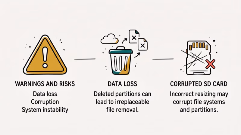 Warning icons showing Android partition management risks including data loss, bricking, and compatibility problems