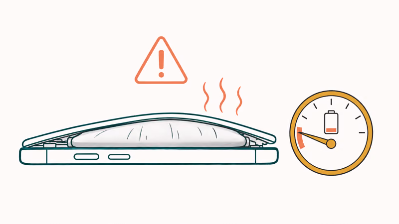 Side view of a phone with a swollen battery, low health gauge, and overheating warning triangle