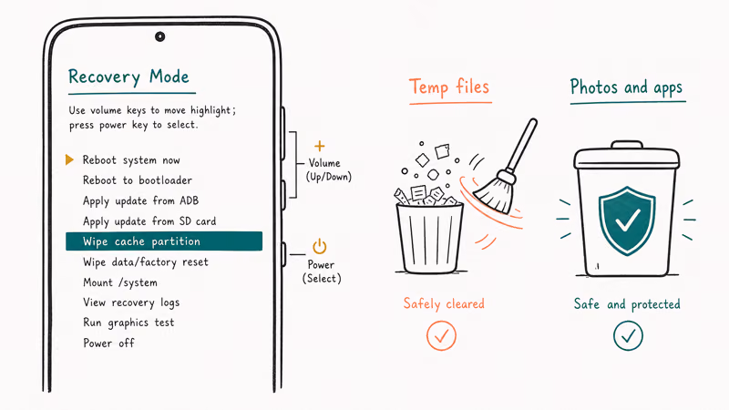 Recovery Mode menu highlighting wipe cache partition while a shield protects photos and app data