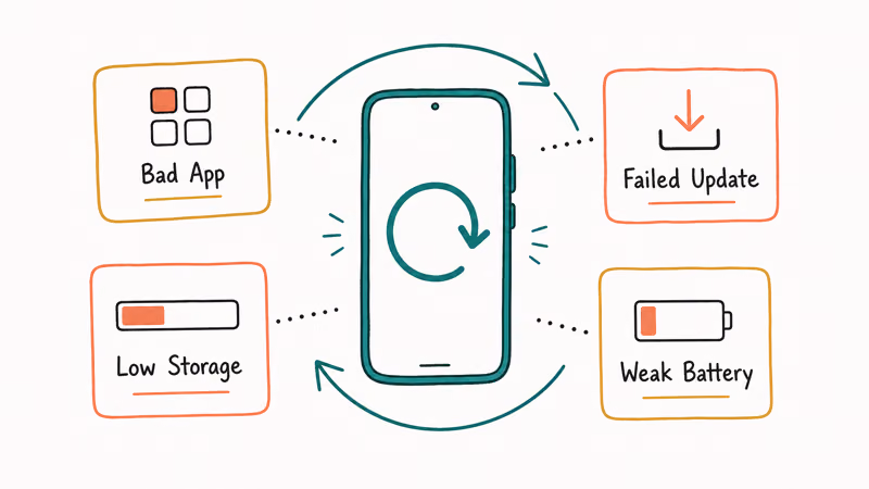 Android phone with restart arrow surrounded by four labeled cards showing common reboot causes