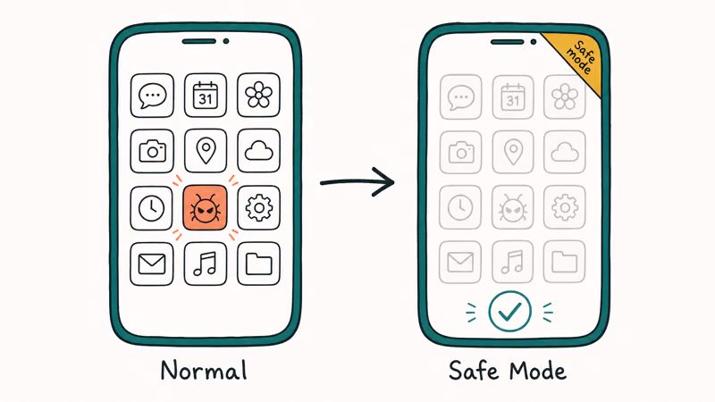 Phone shown in normal mode beside Safe Mode with downloaded apps disabled and a stable checkmark