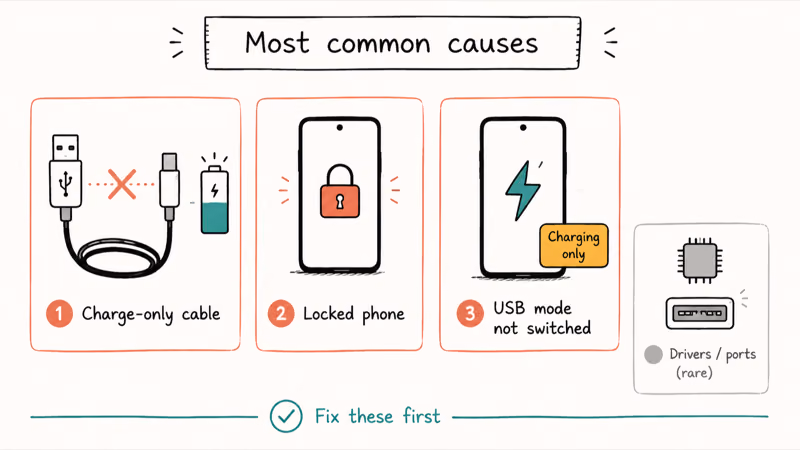 Three common reasons an Android phone fails to appear on a Windows PC