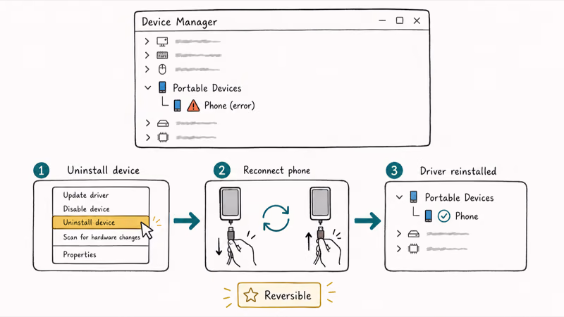 Reinstalling a phone driver under Portable Devices in Windows Device Manager