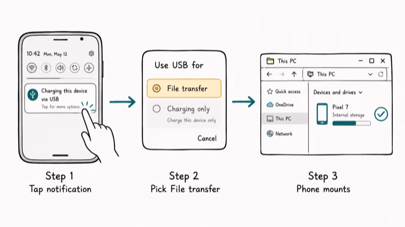 Switching Android USB mode from charging to file transfer in the notification menu