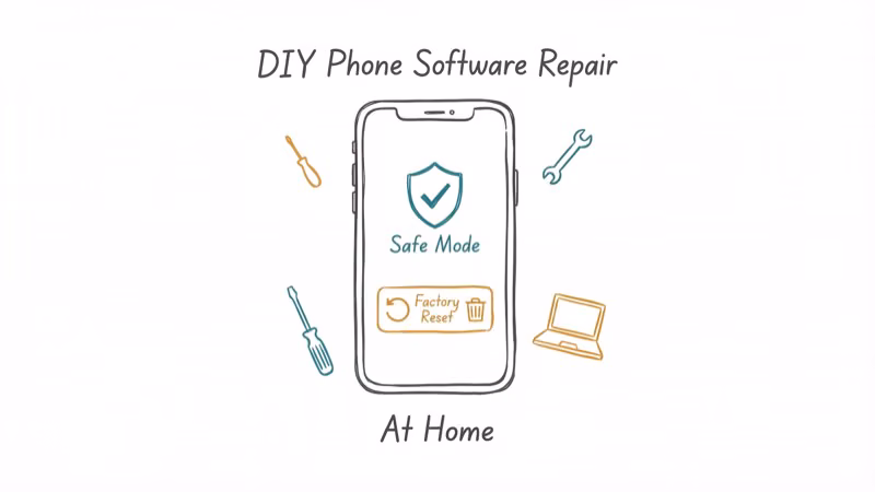DIY phone software repair with safe mode icon and factory reset button on screen