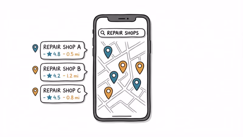 Google Maps search results showing repair shops with star ratings and distance markers