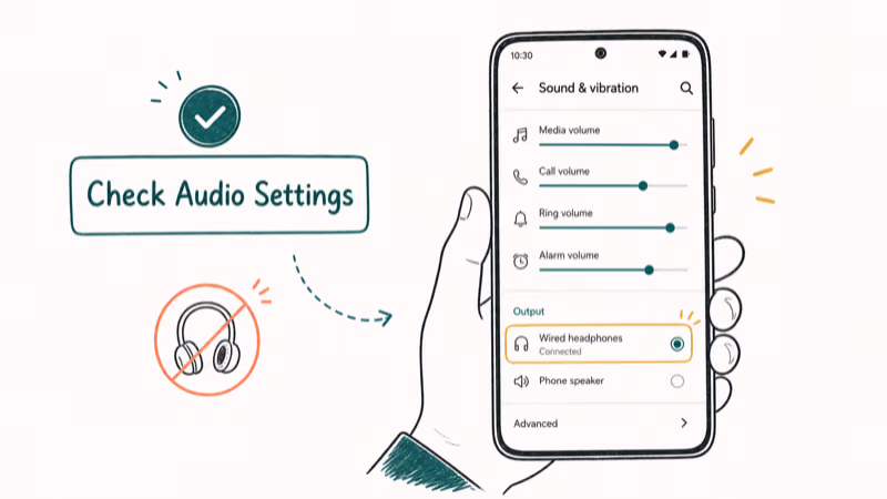 Hand-drawn illustration: Check Audio Settings