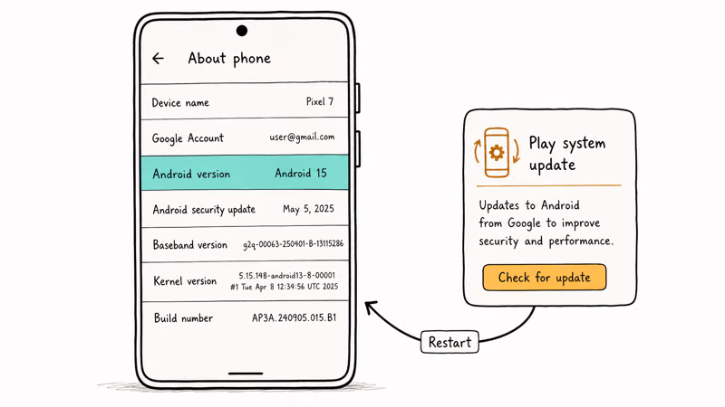 Checking Android version and Google Play system update on the About phone screen