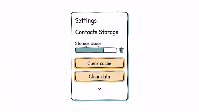 Android Settings showing Contacts Storage with clear cache and clear data buttons highlighted