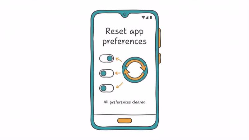 Android phone showing reset app preferences screen with toggle switches returning to defaults