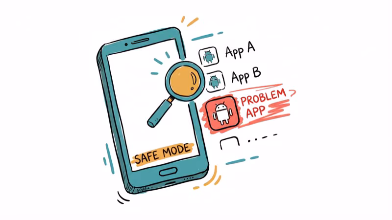 Android phone in safe mode with magnifying glass over third-party apps finding problematic one