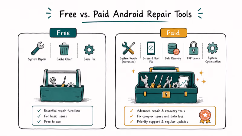Hand-drawn illustration: Free vs. Paid Android Repair Tools