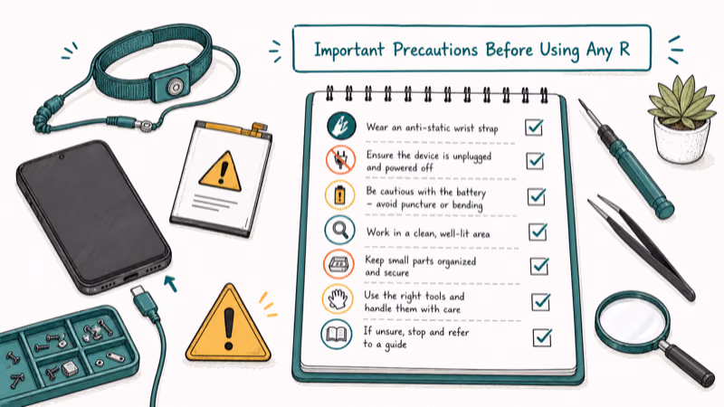 Hand-drawn illustration: Important Precautions Before Using Any Repair Tool