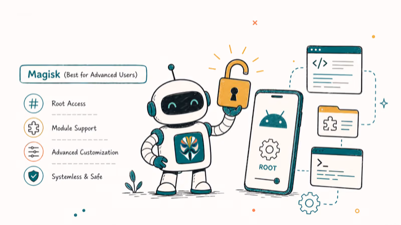 Hand-drawn illustration of Magisk (Best for Advanced Users)