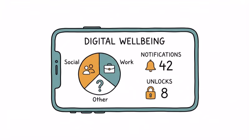 Android Digital Wellbeing dashboard showing daily screen time breakdown by app