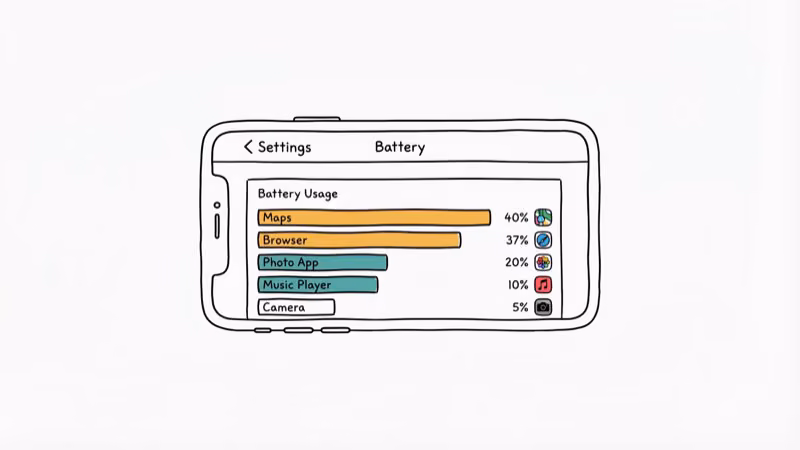 Android battery usage settings screen showing app power consumption breakdown