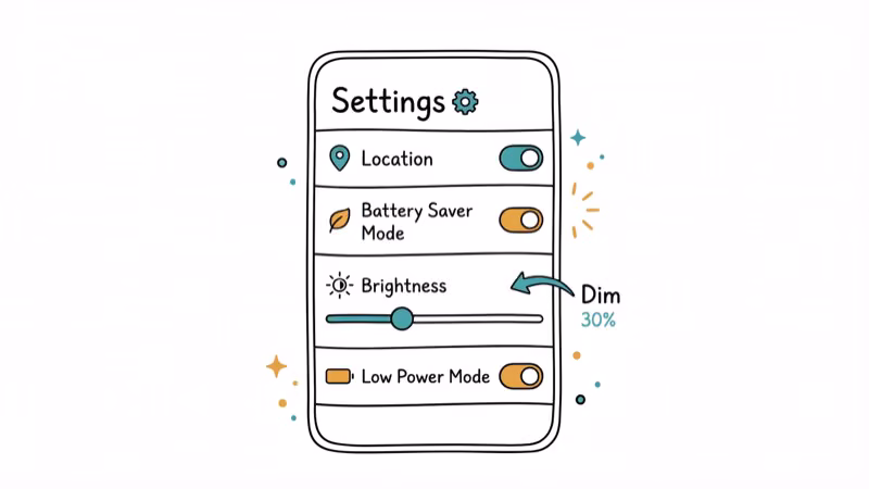Phone settings showing location pin and brightness slider toggles for battery saving