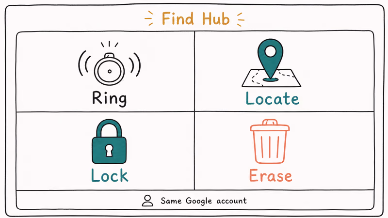 Find Hub panel showing ring locate lock and erase actions for a phone