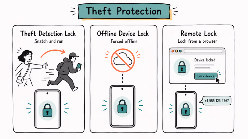 Three Android theft protection locks shown side by side with their trigger scenarios