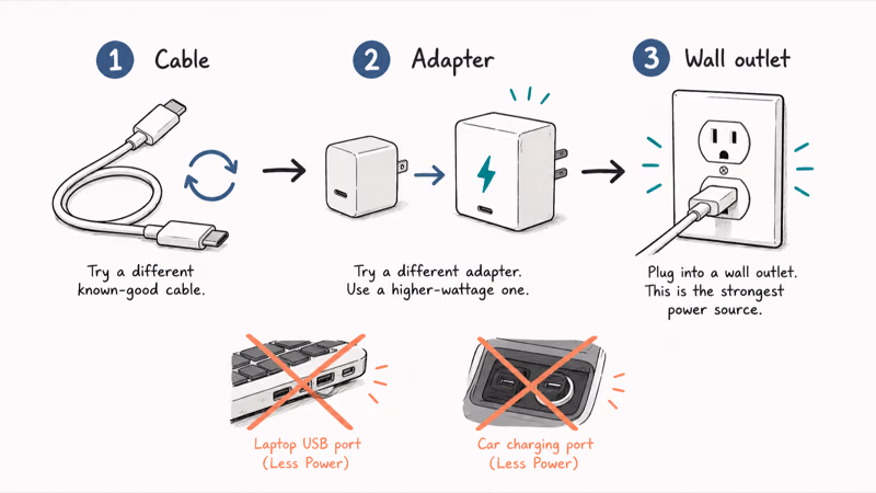 Sequence testing a USB-C cable, swapping the wall adapter, then a wall outlet
