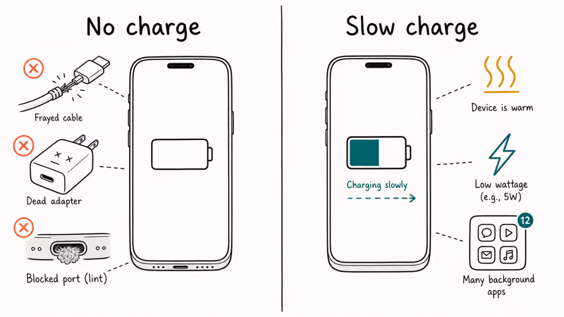 Two phone illustrations contrasting a no-charge fault with a slow-charge wattage and heat problem
