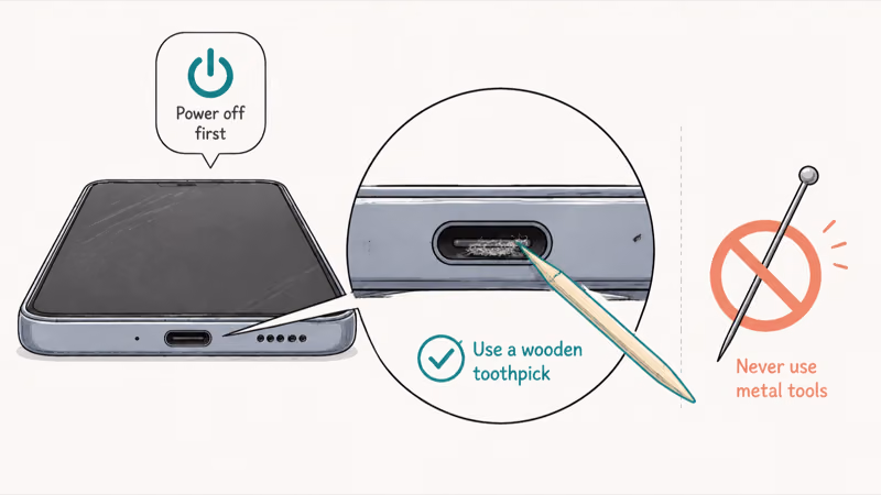 Cleaning lint from a phone USB-C charging port with a wooden toothpick, never metal