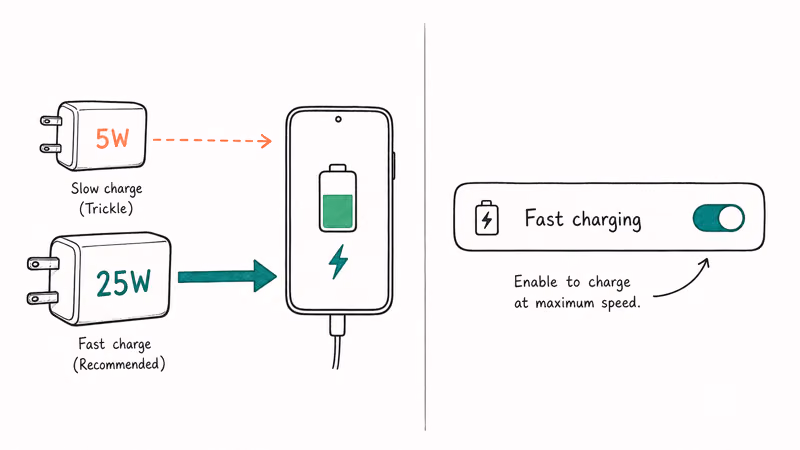 Matching charger wattage to a phone and enabling the fast charging toggle in settings