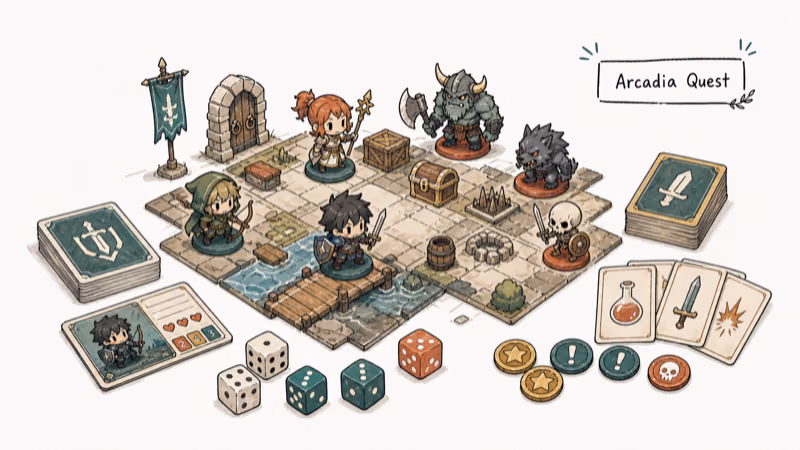Hand-drawn illustration: Arcadia Quest