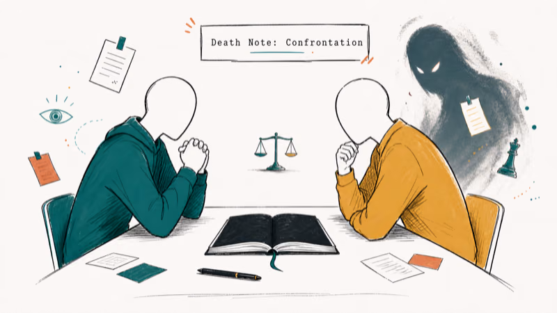 Hand-drawn illustration: Death Note: Confrontation