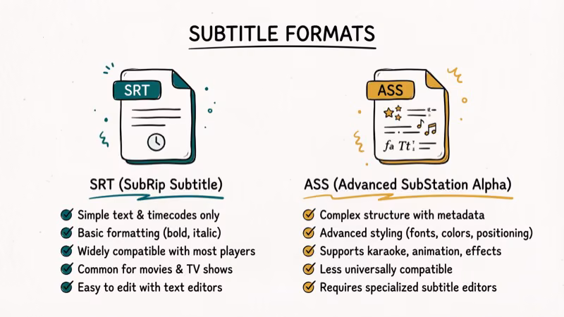 Comparison of SRT and ASS subtitle formats showing plain text versus styled text with karaoke effects