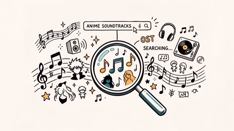 Magnifying glass over musical notes and anime character silhouettes representing soundtrack search