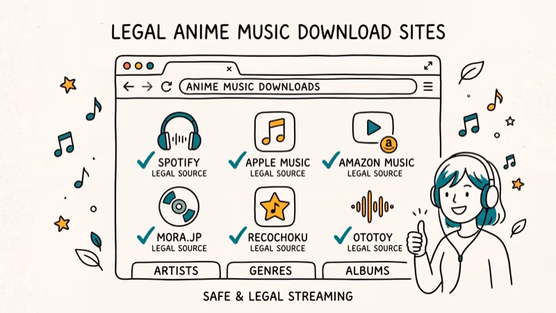 Browser window showing legal anime music download sites with verified checkmarks