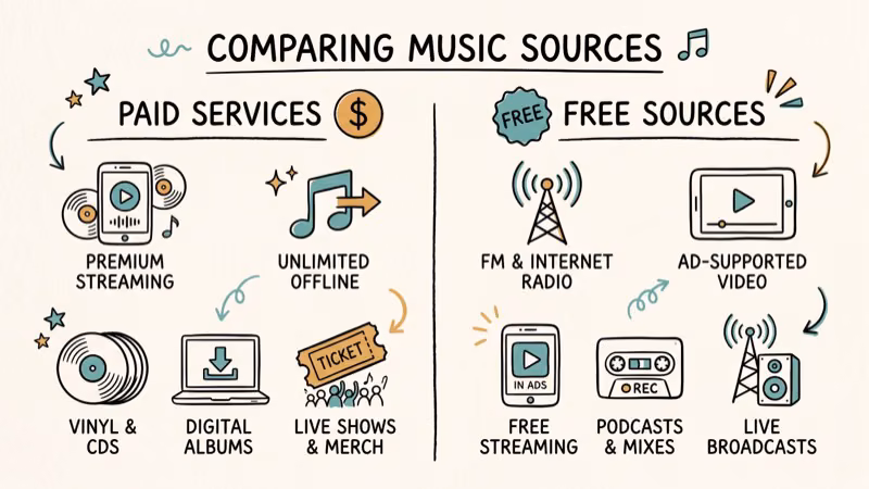 Side-by-side comparison chart showing paid versus free anime OST download options