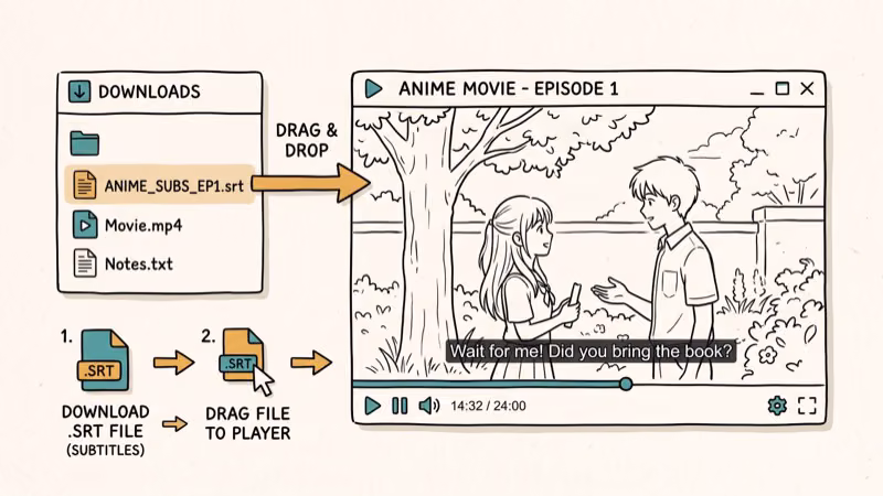 Video player interface showing a subtitle file being dragged in with step arrows indicating the loading process