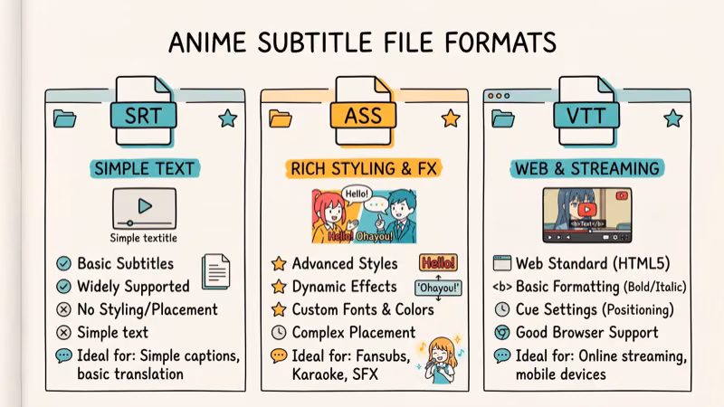 Comparison of SRT ASS and VTT subtitle file format icons showing differences and compatibility