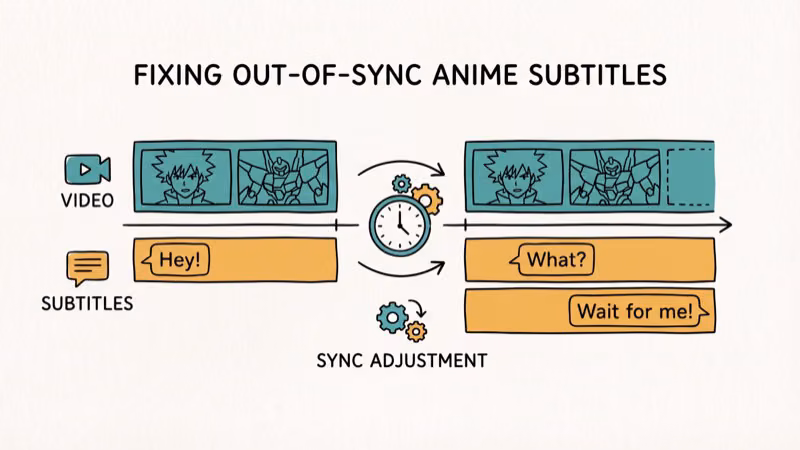 Timeline bar showing subtitle text and video frames needing alignment with a clock and adjustment arrows