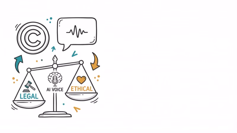 Copyright symbol next to balance scale representing legal considerations of AI voice use