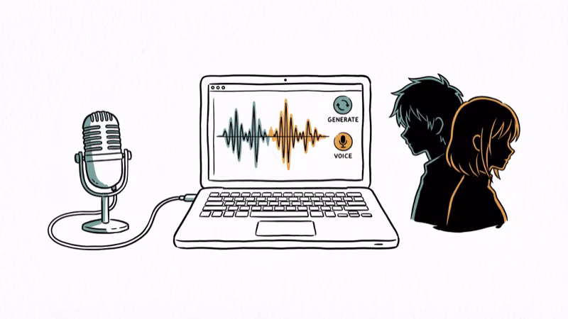 Microphone connected to laptop showing audio waveforms and anime voice generation controls