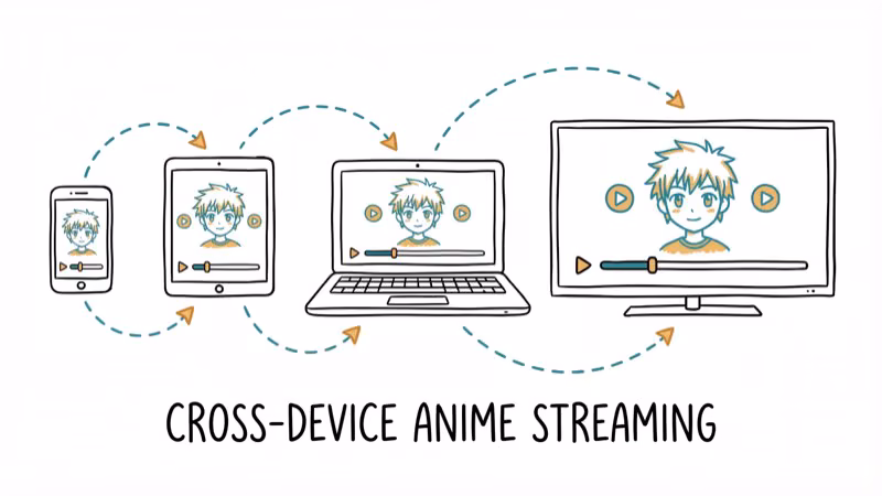 Phone tablet laptop and smart TV showing anime playback for cross-device compatibility