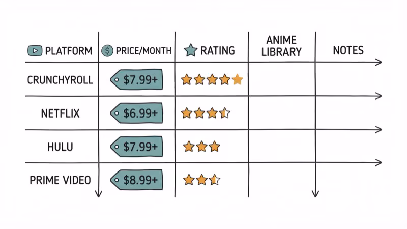 Comparison chart of anime streaming platforms with pricing and star ratings