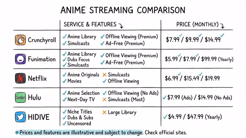 Side-by-side comparison chart of anime streaming services with pricing and features