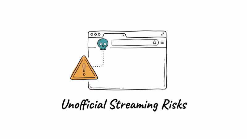 Warning triangle next to browser with skull icon showing pirate site safety risks