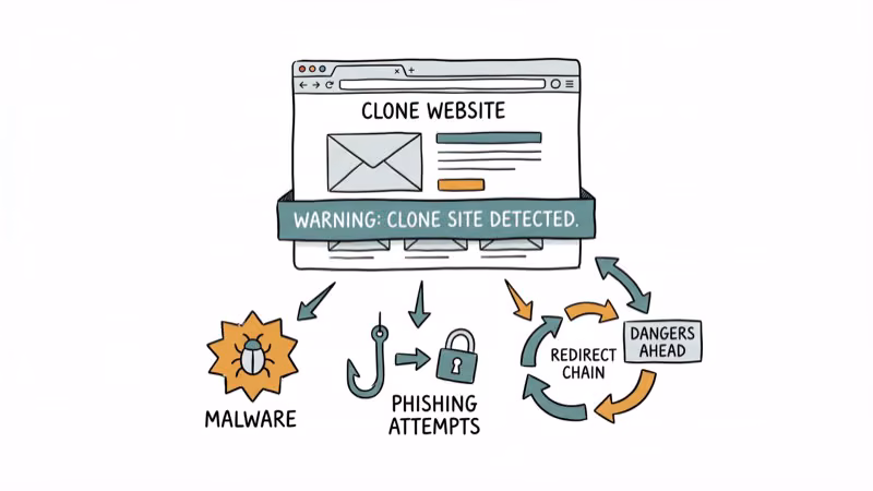 Fake website clone with warning signs showing malware phishing and redirect chain dangers
